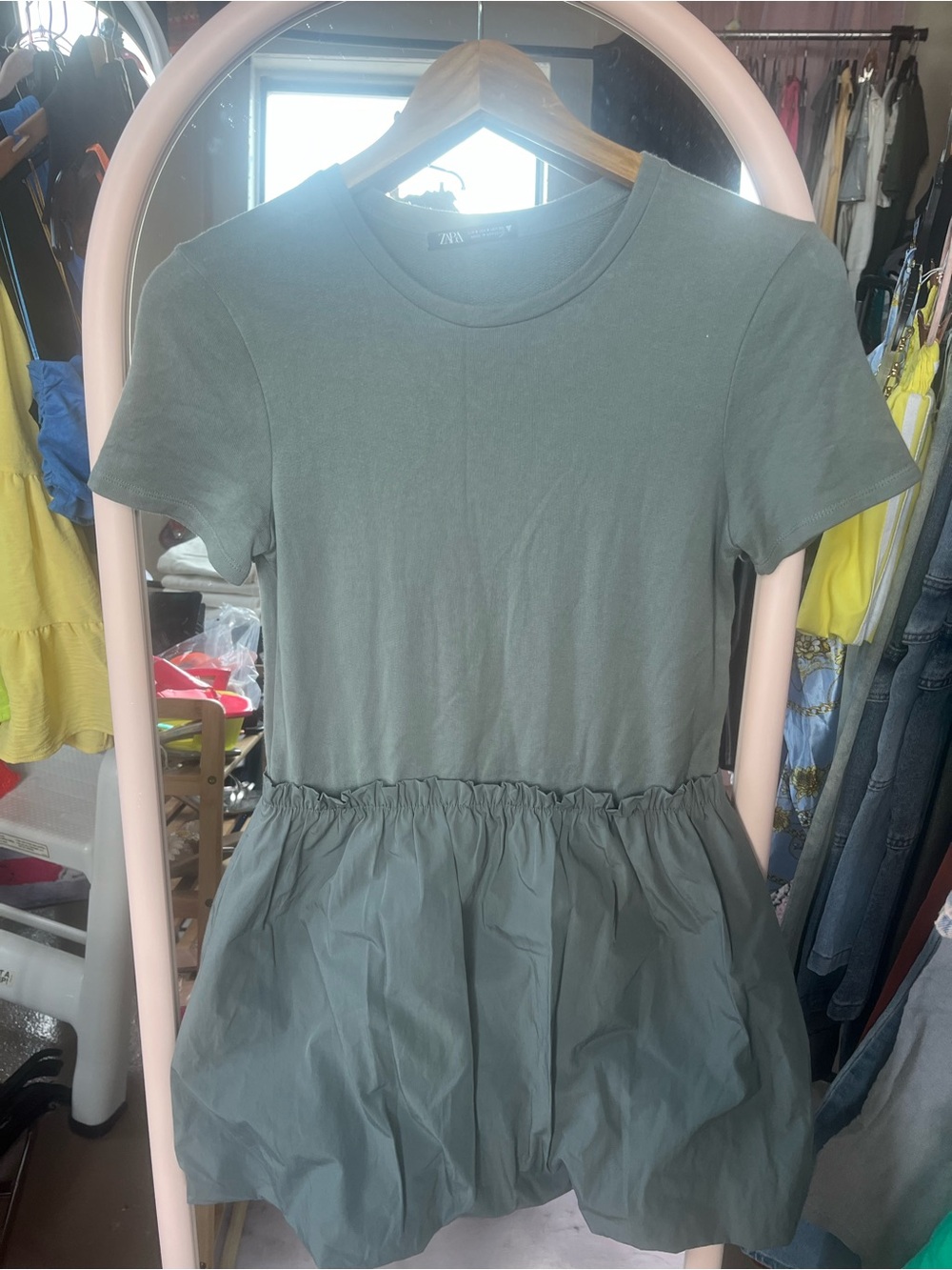 Casual Short Sleeve Peplum Dress in Sage Green